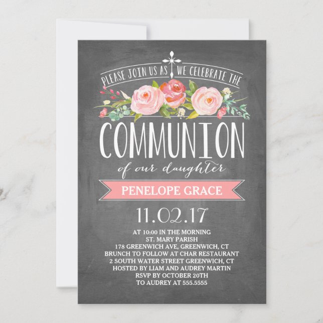 Rose Banner Chalkboard | Communion Invitation (Front)