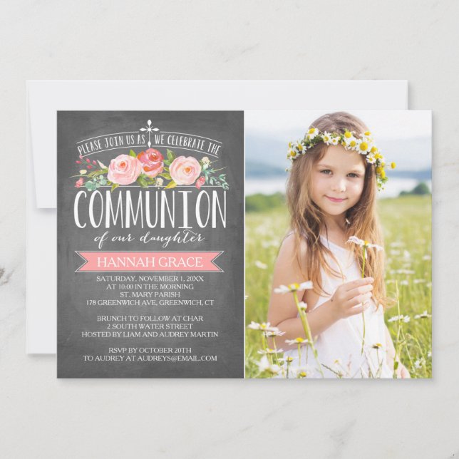 Rose Banner Chalkboard | Communion Invitation (Front)