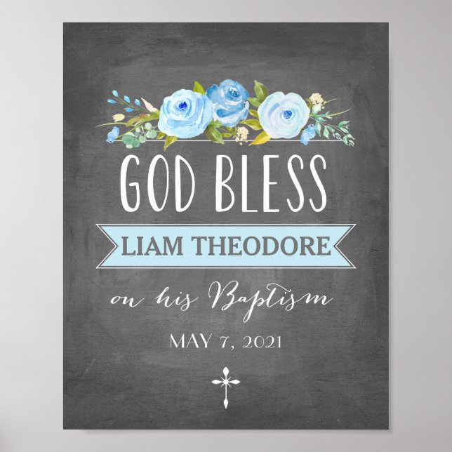 Rose Banner | God Bless | Blue Chalk Baptism Sign (Front)
