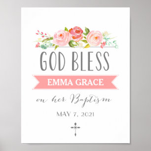 Rose Banner   God Bless   Pink Baptism Sign