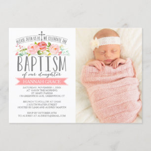 Rose Banner Pink Baptism Invitation