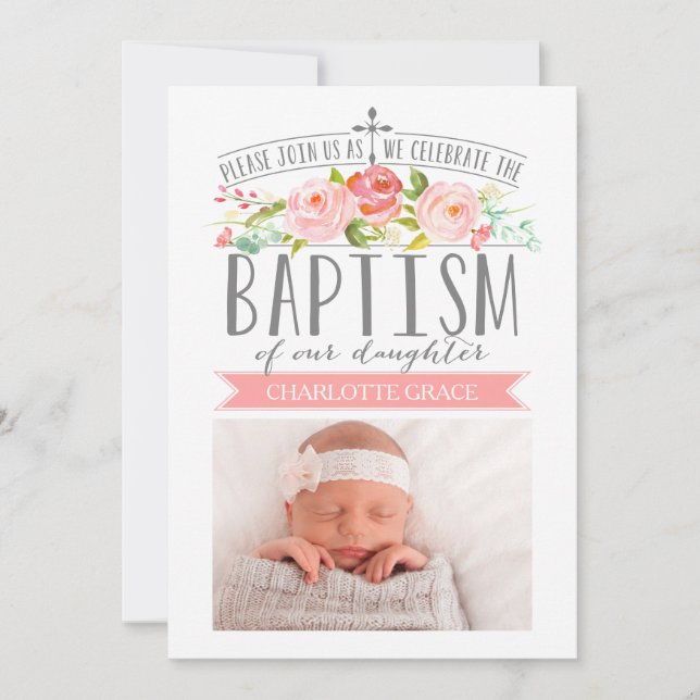 Rose Banner Pink Baptism Invitation (Front)
