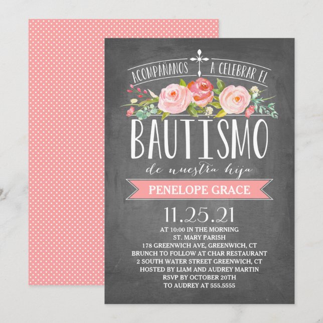 Rose Banner Pink | Spanish Bautismo Invitation (Front/Back)