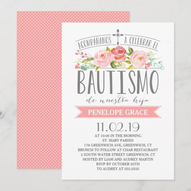 Rose Banner Pink | Spanish Bautismo Invitation (Front/Back)