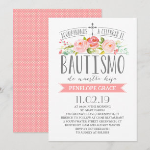 Rose Banner Pink   Spanish Bautismo Invitation
