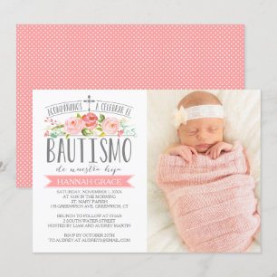 Rose Banner Pink with Photo Spanish Bautismo Invitation