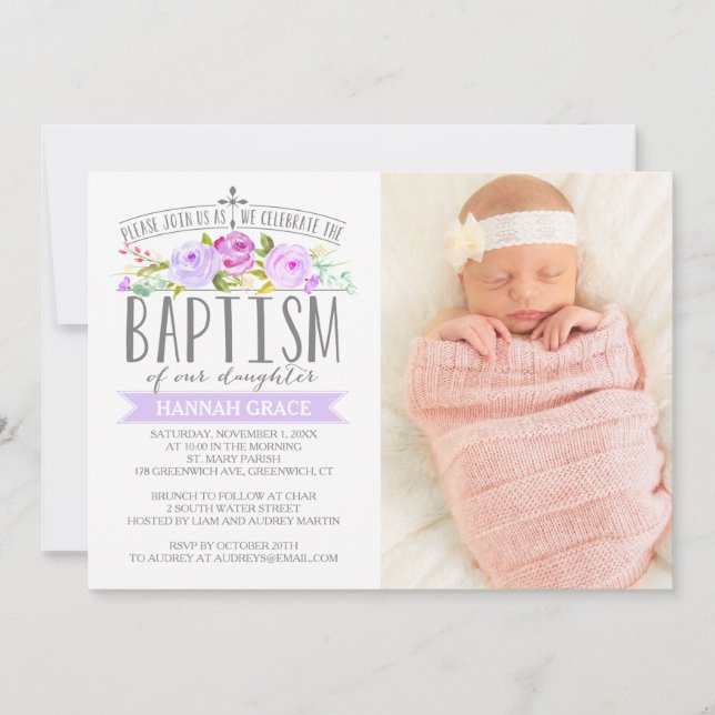 Rose Banner Purple Baptism Photo Invitation (Front)