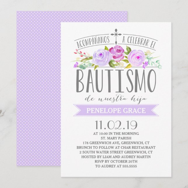 Rose Banner Purple | Spanish Bautismo Invitation (Front/Back)