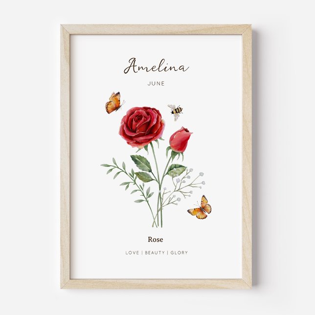 Rose Birth Month Flower Poster (Example of rose birth flower poster once framed. )