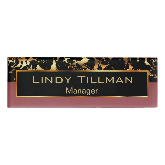 Rose, Black and Gold Marble 3 Name Tag (Front)
