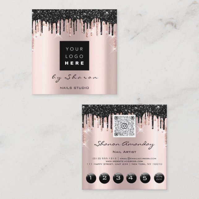 Rose Black Drips 6 Punches QRCodeLogo Hair Nails  Square Business Card (Front/Back)