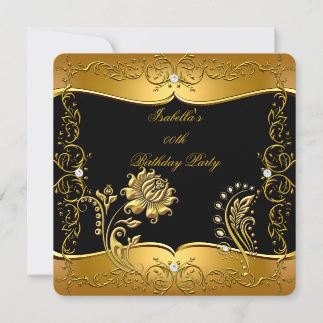Rose Black Gold Diamond Floral Birthday Party 2 Invitation (Front)