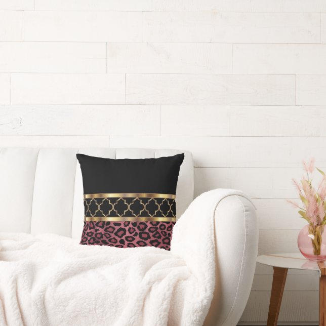 Rose, Black & Gold Quatrefoil and Leopard Cushion (Couch)