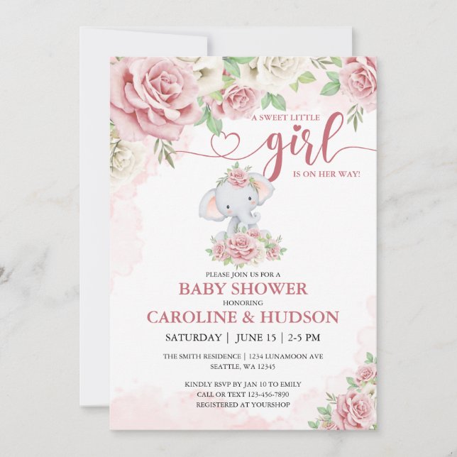 Rose Bloom Blush Pink Elephant Girl Baby Shower Invitation (Front)