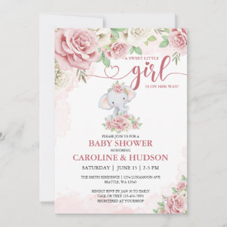 Rose Bloom Blush Pink Elephant Girl Baby Shower Invitation