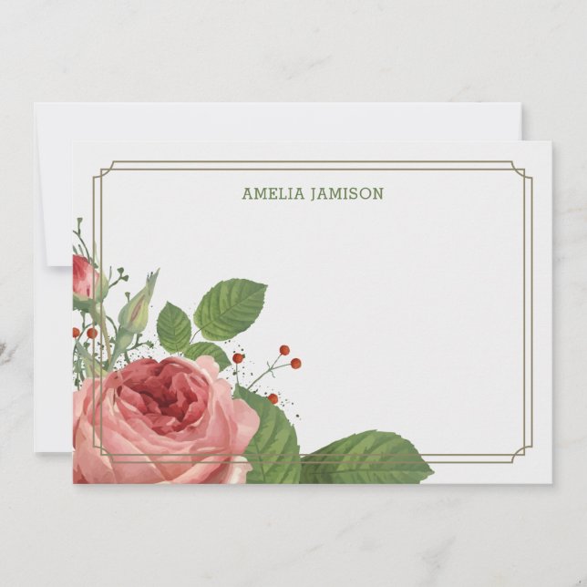 Rose Bloom Personalised Stationery Flat Note Cards (Front)