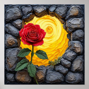 🌹 Rose Blooming Through Ancient Stone Wall ✨ Poster