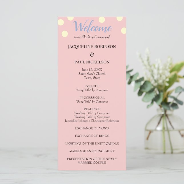Rose Blue Cream Polka Dots Wedding Program Programme (Standing Front)