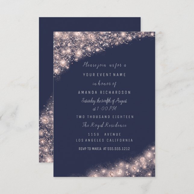 Rose Blue Navy Glitter Bridal Shower Birthday 16th Invitation (Front/Back)