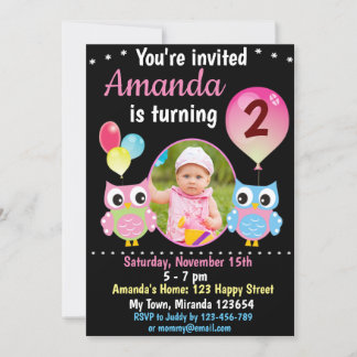 Rose Blue Owl birthday invitation