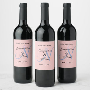 Rose Blue Pastel Wedding Favours Monogram Wine Label