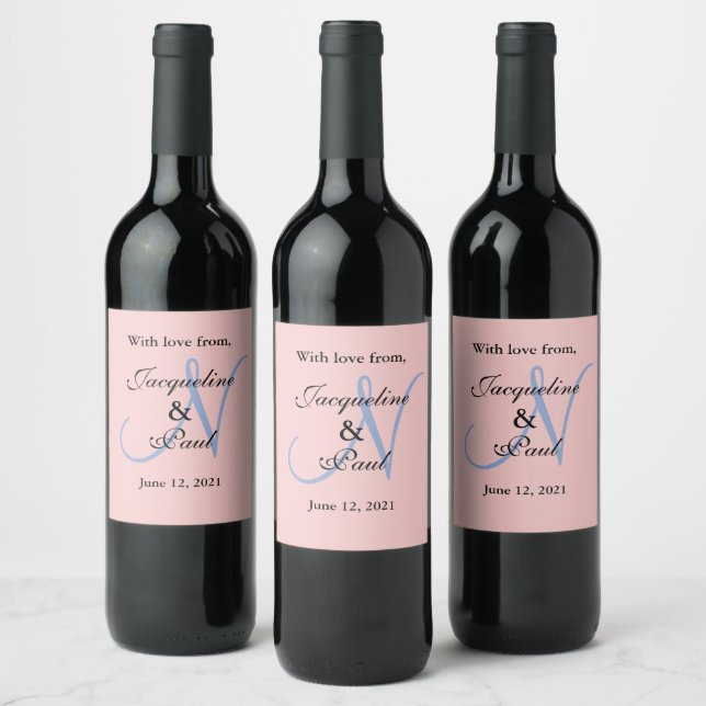 Rose Blue Pastel Wedding Favours Monogram Wine Label (Bottles)