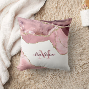 Rose Blush And Gold Glitter Agate Monogram Cushion