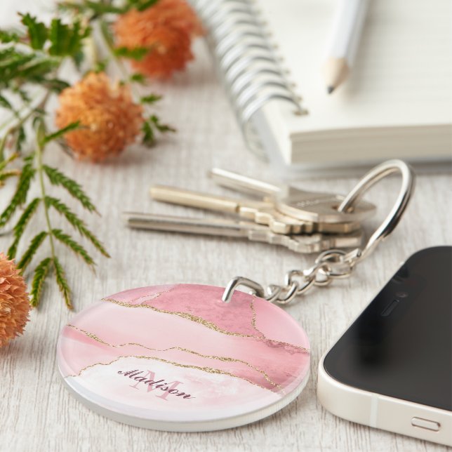 Rose Blush And Gold Glitter Agate Monogram Key Ring (Front Right)