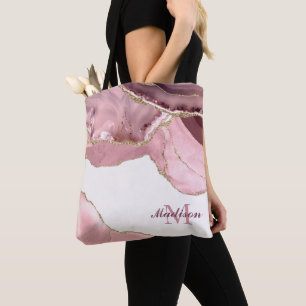 Rose Blush And Gold Glitter Agate Monogram Tote Bag