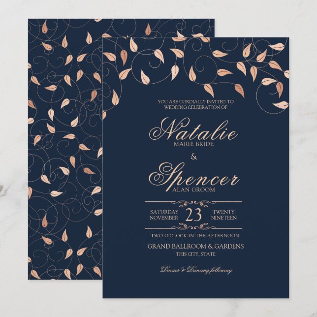 Rose Blush and Navy Elegant Vines Wedding Invitation (Front/Back)