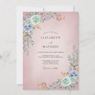 Rose Blush Aqua Ranunculus Eucalyptus Wedding Invitation