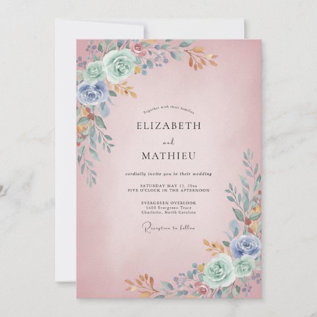 Rose Blush Aqua Ranunculus Eucalyptus Wedding Invitation (Front)