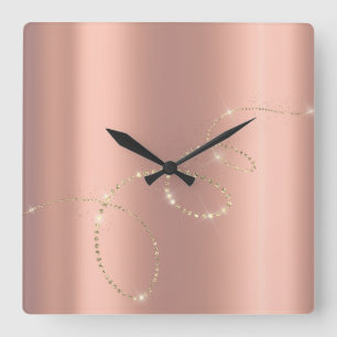 Rose Blush Crystals Frozen Glass Infinity Diamonds Square Wall Clock