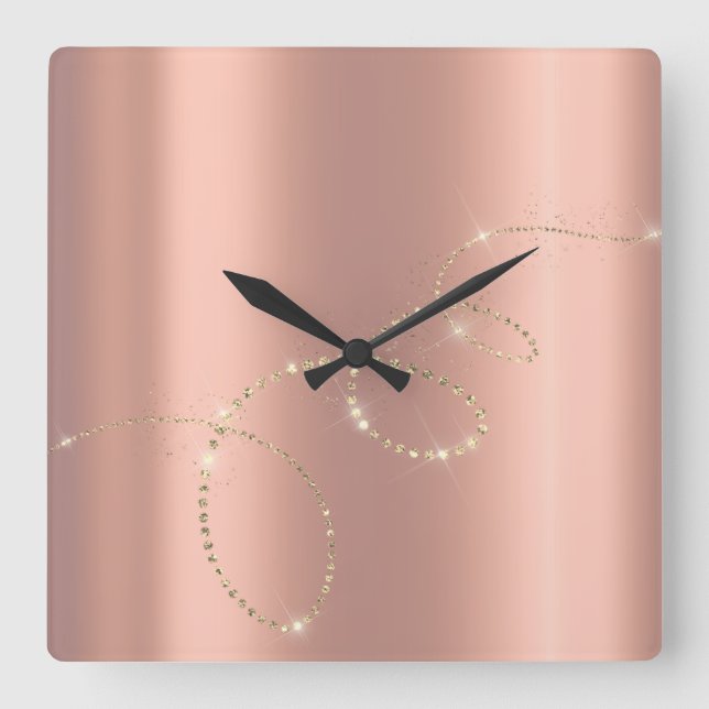 Rose Blush Crystals Frozen Glass Infinity Diamonds Square Wall Clock (Front)
