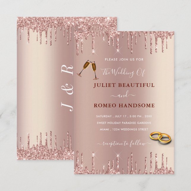 Rose Blush Glitter Drips Modern Wedding Invitation (Front/Back)