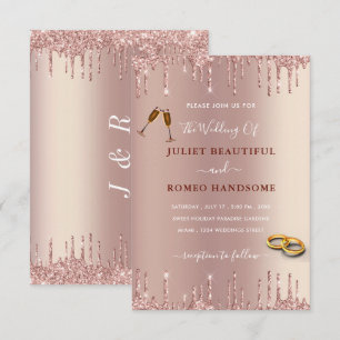 Rose Blush Glitter Drips Modern Wedding Invitation