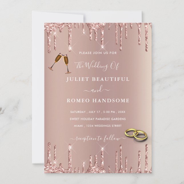 Rose Blush Glitter Drips Rings Wedding Invitation (Front)