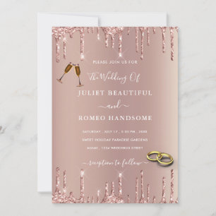 Rose Blush Glitter Drips Rings Wedding Invitation