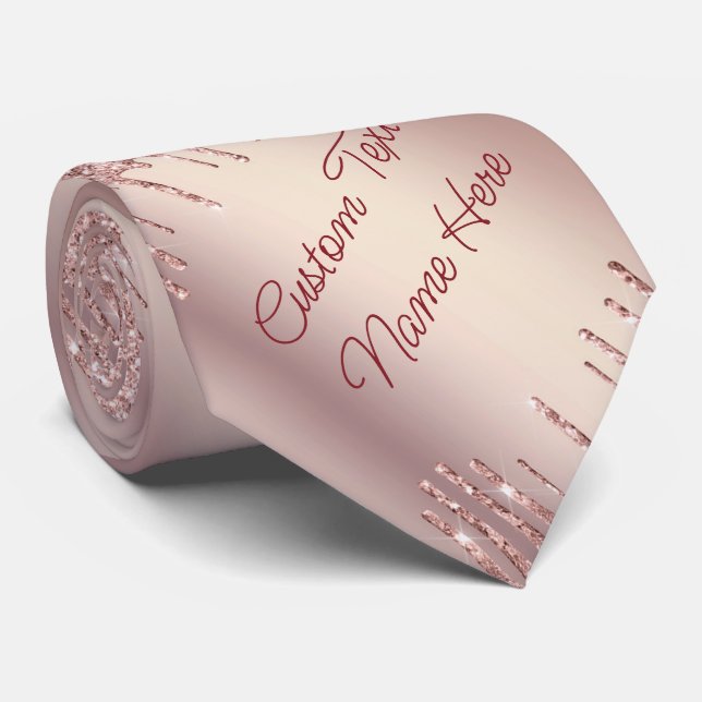 Rose Blush Glitter Drips Text Name Party Neck Tie (Rolled)