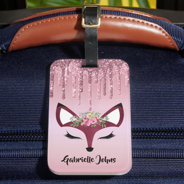 Rose Blush Glitter Paint Girly Fox Luggage Tag (Front Insitu 2)