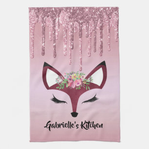 Rose Blush Glitter Paint Girly Fox Tea Towel