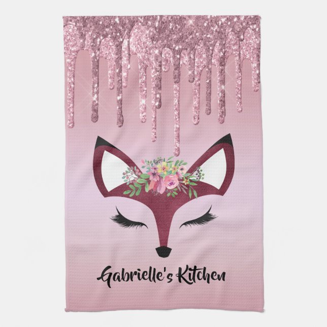Rose Blush Glitter Paint Girly Fox Tea Towel (Vertical)
