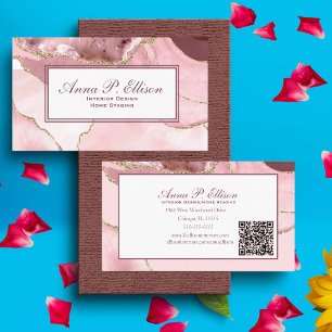 Rose Blush &Gold Glitter Agate QR Code Business Card