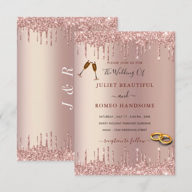 Rose Blush Gold Sparkle Drips Wedding Invitation (Front/Back)