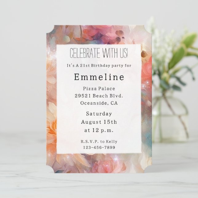 Rose Blush Peach Orange Floral Birthday Invitation (Standing Front)