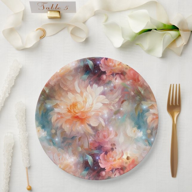 Rose Blush Peach Orange Floral  Paper Plate (Wedding)
