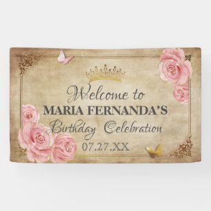 Rose Blush Pink Butterfly Crown Gold Quinceanera Banner