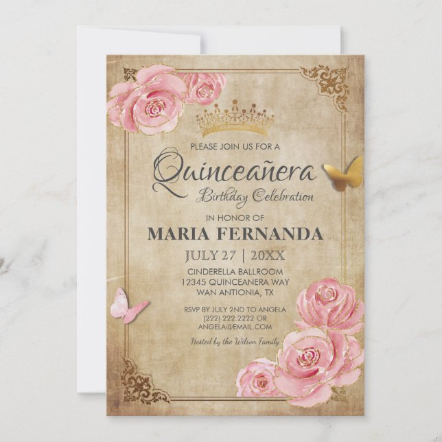 Rose Blush Pink Butterfly Crown Gold Quinceanera Invitation (Front)