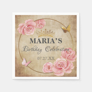 Rose Blush Pink Butterfly Crown Gold Quinceanera Napkin