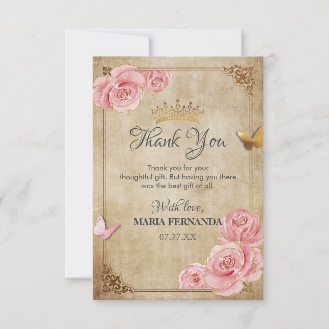 Rose Blush Pink Butterfly Crown Gold Quinceanera Thank You Card (Front)